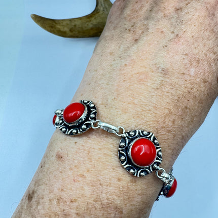 Vintage Red Glass Silver Toggle Bracelet Silver Bronze