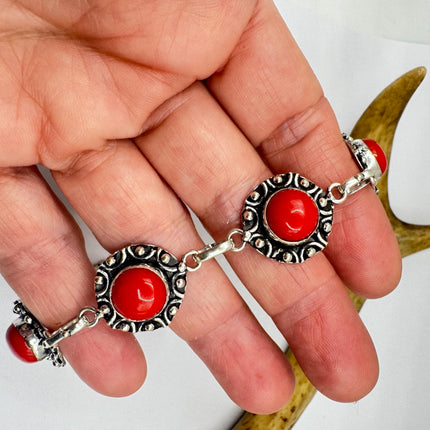 Vintage Red Glass Silver Toggle Bracelet Silver Bronze