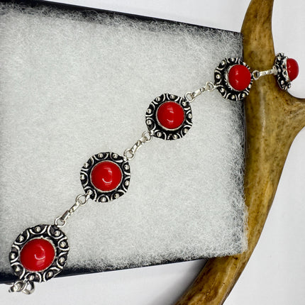 Vintage Red Glass Silver Toggle Bracelet Silver Bronze