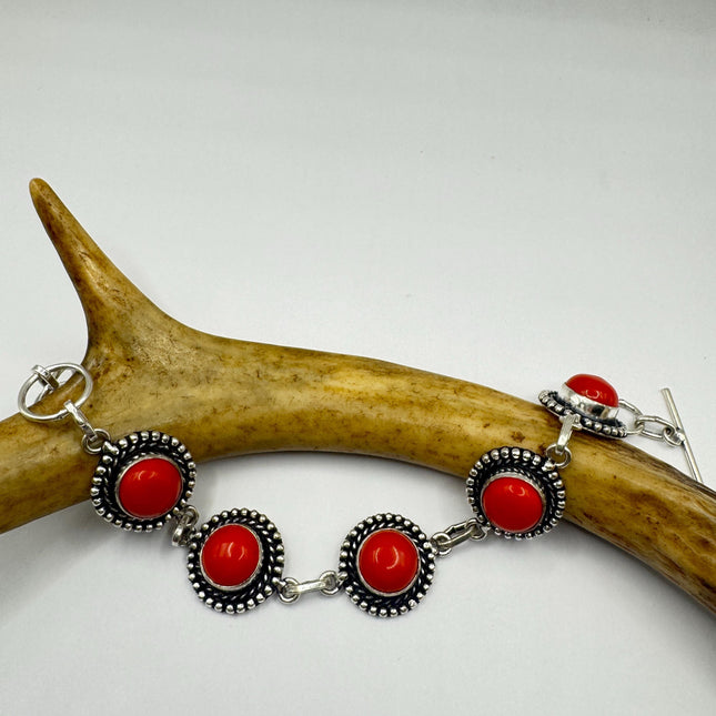 Vintage Red Glass Silver Toggle Bracelet Silver Bronze