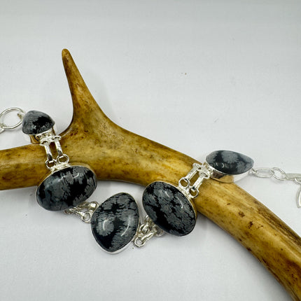 Vintage Snowflake Obsidian Black Toggle Bracelet Silver Bronze