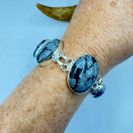 Vintage Snowflake Obsidian Black Toggle Bracelet Silver Bronze