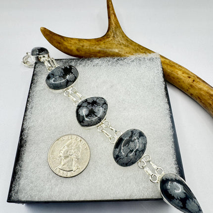 Vintage Snowflake Obsidian Black Toggle Bracelet Silver Bronze