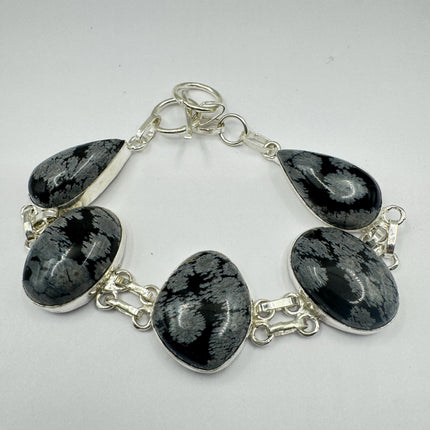 Vintage Snowflake Obsidian Black Toggle Bracelet Silver Bronze