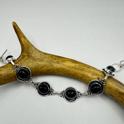 Vintage Black Onyx Toggle Bracelet Silver Bronze