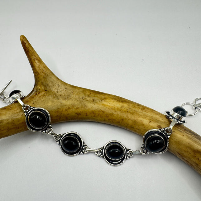 Vintage Black Onyx Toggle Bracelet Silver Bronze