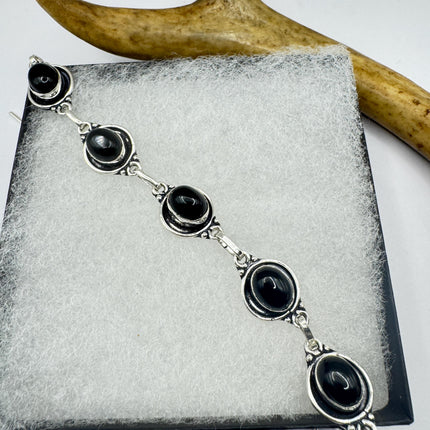 Vintage Black Onyx Toggle Bracelet Silver Bronze