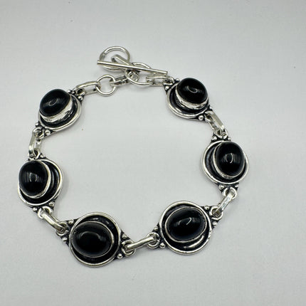 Vintage Black Onyx Toggle Bracelet Silver Bronze
