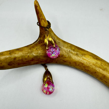 Vintage Pink Fire Floating Opal Earrings Gold Bronze Lever backs
