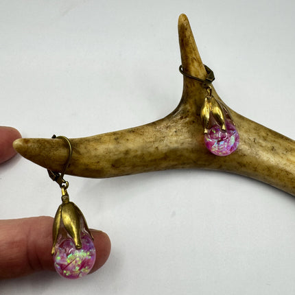 Vintage Pink Fire Floating Opal Earrings Gold Bronze Lever backs