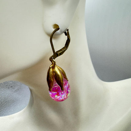 Vintage Pink Fire Floating Opal Earrings Gold Bronze Lever backs