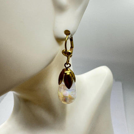 Vintage White Fire Floating Opal Earrings Gold Bronze Lever backs