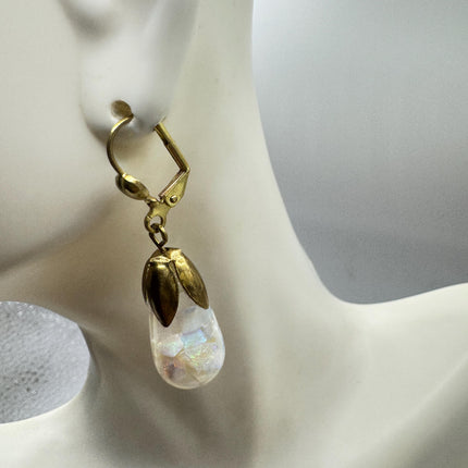 Vintage White Fire Floating Opal Earrings Gold Bronze Lever backs