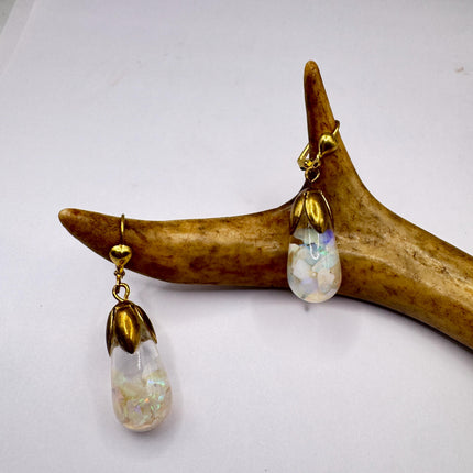 Vintage White Fire Floating Opal Earrings Gold Bronze Lever backs