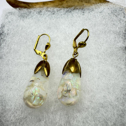 Vintage White Fire Floating Opal Earrings Gold Bronze Lever backs
