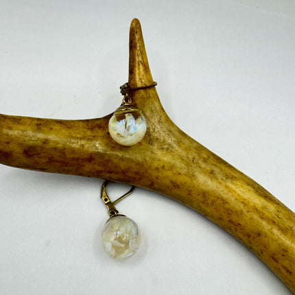 Vintage White Fire Floating Opal Earrings Gold Bronze Lever backs