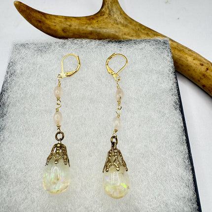Vintage White Fire Floating Opal Earrings Gold 925 Sterling Silver Lever backs