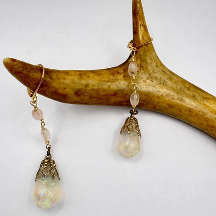 Vintage White Fire Floating Opal Earrings Gold 925 Sterling Silver Lever backs