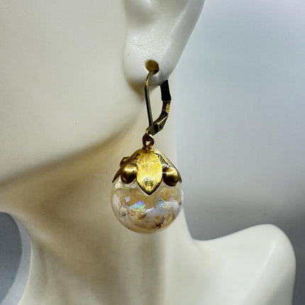 Vintage White Fire Floating Opal Earrings Gold Bronze Lever backs