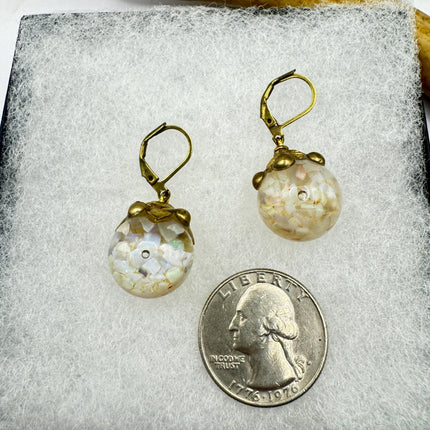 Vintage White Fire Floating Opal Earrings Gold Bronze Lever backs