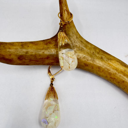 Vintage White Fire Floating Opal Earrings Gold Bronze Lever backs