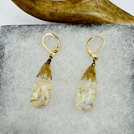 Vintage White Fire Floating Opal Earrings Gold Bronze Lever backs