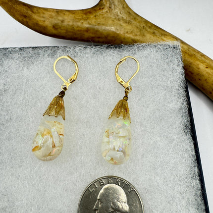 Vintage White Fire Floating Opal Earrings Gold Bronze Lever backs