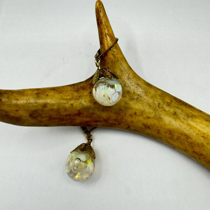 Vintage White Fire Floating Opal Earrings Gold Bronze Lever backs