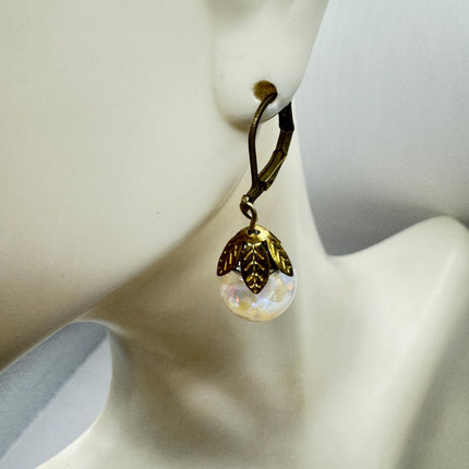 Vintage White Fire Floating Opal Earrings Gold Bronze Lever backs