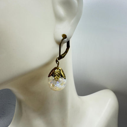 Vintage White Fire Floating Opal Earrings Gold Bronze Lever backs