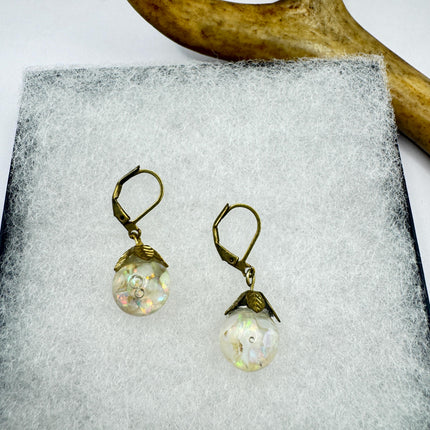 Vintage White Fire Floating Opal Earrings Gold Bronze Lever backs