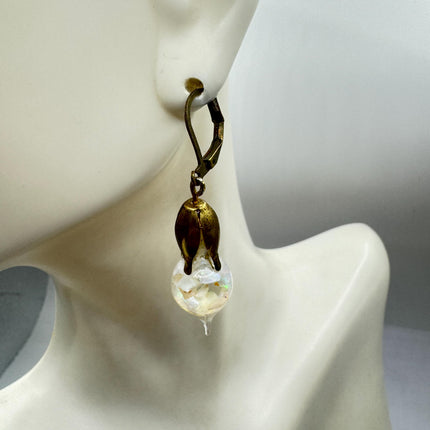 Vintage White Fire Floating Opal Earrings Gold Bronze Lever backs