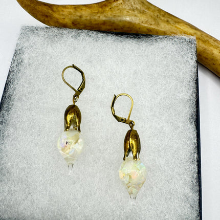 Vintage White Fire Floating Opal Earrings Gold Bronze Lever backs