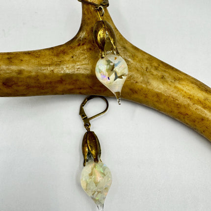 Vintage White Fire Floating Opal Earrings Gold Bronze Lever backs