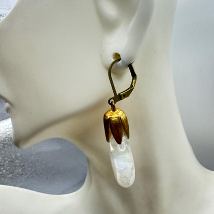 Vintage White Fire Floating Opal Earrings Gold Bronze Lever backs