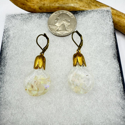 Vintage White Fire Floating Opal Earrings Gold Bronze Lever backs