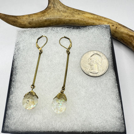 Vintage White Fire Floating Opal Earrings Gold Bronze Lever backs