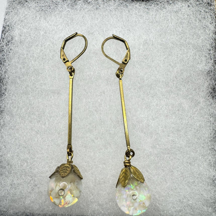 Vintage White Fire Floating Opal Earrings Gold Bronze Lever backs