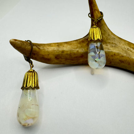 Vintage White Fire Floating Opal Earrings Gold Bronze Lever backs