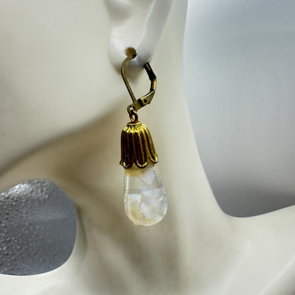 Vintage White Fire Floating Opal Earrings Gold Bronze Lever backs