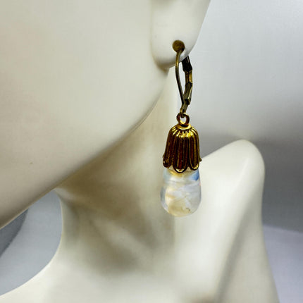 Vintage White Fire Floating Opal Earrings Gold Bronze Lever backs