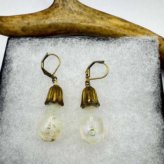 Vintage White Fire Floating Opal Earrings Gold Bronze Lever backs