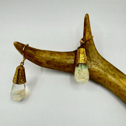 Vintage White Fire Floating Opal Earrings Gold Bronze Lever backs