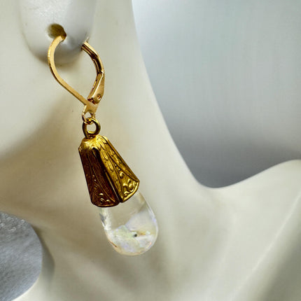 Vintage White Fire Floating Opal Earrings Gold Bronze Lever backs