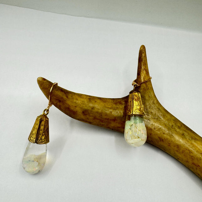 Vintage White Fire Floating Opal Earrings Gold Bronze Lever backs