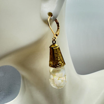 Vintage White Fire Floating Opal Earrings Gold Bronze Lever backs