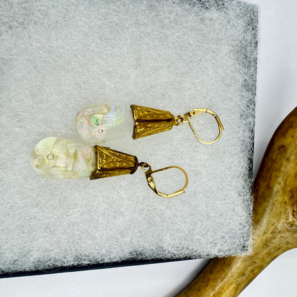 Vintage White Fire Floating Opal Earrings Gold Bronze Lever backs