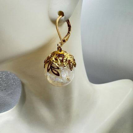 Vintage White Fire Floating Opal Earrings Gold Bronze Lever backs
