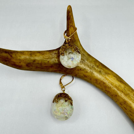 Vintage White Fire Floating Opal Earrings Gold Bronze Lever backs