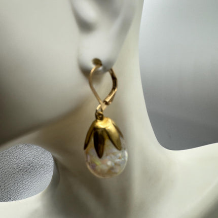 Vintage Black Fire Floating Opal Earrings Gold 925 Sterling Silver Lever backs